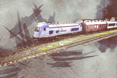 Avrupa 'daki tren istasyonunda yüksek hızlı tren. Demiryolu platformunda modern şehirlerarası tren. Demiryolu ve binaların üzerinde güzel bir yolcu treni olan şehir manzarası