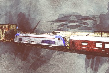 Avrupa 'daki tren istasyonunda yüksek hızlı tren. Demiryolu platformunda modern şehirlerarası tren. Demiryolu ve binaların üzerinde güzel bir yolcu treni olan şehir manzarası