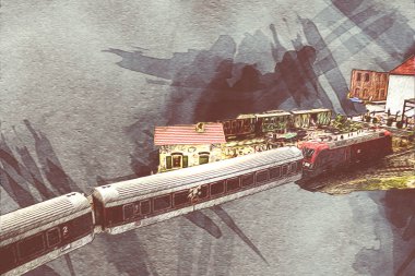 Avrupa 'daki tren istasyonunda yüksek hızlı tren. Demiryolu platformunda modern şehirlerarası tren. Demiryolu ve binaların üzerinde güzel bir yolcu treni olan şehir manzarası