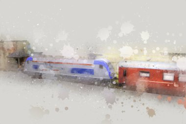 Avrupa 'daki tren istasyonunda yüksek hızlı tren. Demiryolu platformunda modern şehirlerarası tren. Demiryolu ve binaların üzerinde güzel bir yolcu treni olan şehir manzarası