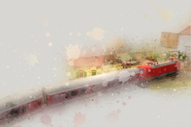 Avrupa 'daki tren istasyonunda yüksek hızlı tren. Demiryolu platformunda modern şehirlerarası tren. Demiryolu ve binaların üzerinde güzel bir yolcu treni olan şehir manzarası