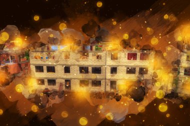 Modern inşaat alanında çalışan işçiler. Hızlı kentsel gelişim kavramı. sanat, ilüstrasyon, vintage, retro, antika, model, minyatür