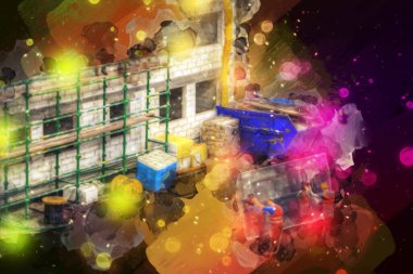 Modern inşaat alanında çalışan işçiler. Hızlı kentsel gelişim kavramı. sanat, ilüstrasyon, vintage, retro, antika, model, minyatür