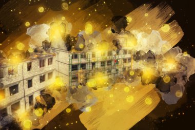 Modern inşaat alanında çalışan işçiler. Hızlı kentsel gelişim kavramı. sanat, ilüstrasyon, vintage, retro, antika, model, minyatür