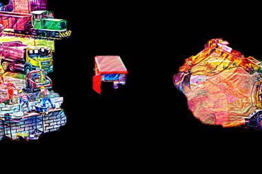 Modern inşaat alanında çalışan işçiler. Hızlı kentsel gelişim kavramı. sanat, ilüstrasyon, vintage, retro, antika, model, minyatür