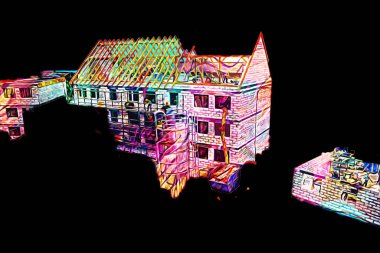 Modern inşaat alanında çalışan işçiler. Hızlı kentsel gelişim kavramı. sanat, ilüstrasyon, vintage, retro, antika, model, minyatür