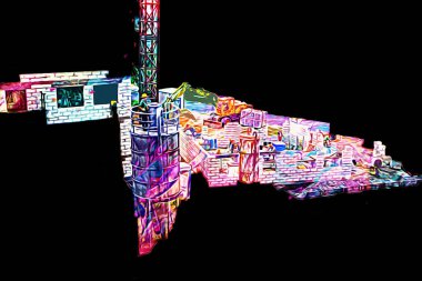 Modern inşaat alanında çalışan işçiler. Hızlı kentsel gelişim kavramı. sanat, ilüstrasyon, vintage, retro, antika, model, minyatür