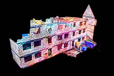 Modern inşaat alanında çalışan işçiler. Hızlı kentsel gelişim kavramı. sanat, ilüstrasyon, vintage, retro, antika, model, minyatür