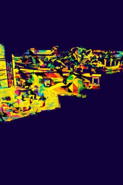 Modern inşaat alanında çalışan işçiler. Hızlı kentsel gelişim kavramı. sanat, ilüstrasyon, vintage, retro, antika, model, minyatür