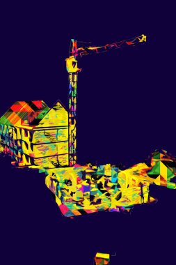 Modern inşaat alanında çalışan işçiler. Hızlı kentsel gelişim kavramı. sanat, ilüstrasyon, vintage, retro, antika, model, minyatür