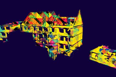 Modern inşaat alanında çalışan işçiler. Hızlı kentsel gelişim kavramı. sanat, ilüstrasyon, vintage, retro, antika, model, minyatür