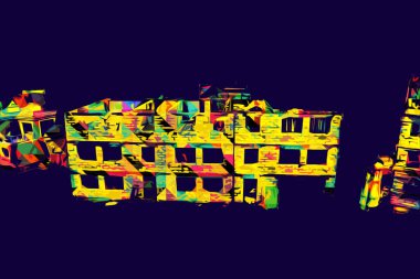 Modern inşaat alanında çalışan işçiler. Hızlı kentsel gelişim kavramı. sanat, ilüstrasyon, vintage, retro, antika, model, minyatür