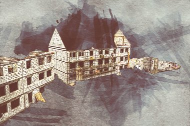 Modern inşaat alanında çalışan işçiler. Hızlı kentsel gelişim kavramı. sanat, ilüstrasyon, vintage, retro, antika, model, minyatür