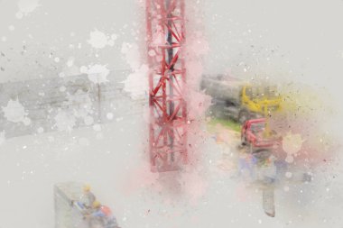 Modern inşaat alanında çalışan işçiler. Hızlı kentsel gelişim kavramı. sanat, ilüstrasyon, vintage, retro, antika, model, minyatür