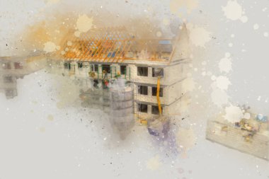 Modern inşaat alanında çalışan işçiler. Hızlı kentsel gelişim kavramı. sanat, ilüstrasyon, vintage, retro, antika, model, minyatür