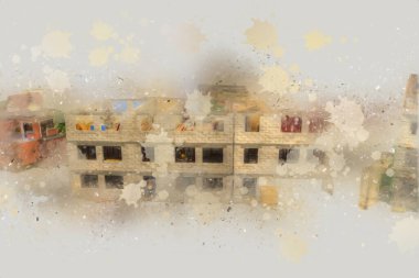 Modern inşaat alanında çalışan işçiler. Hızlı kentsel gelişim kavramı. sanat, ilüstrasyon, vintage, retro, antika, model, minyatür