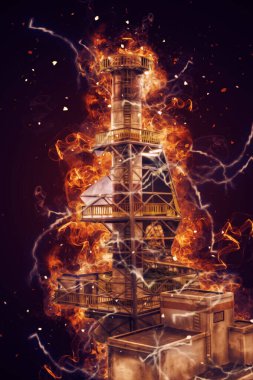 Bir fabrika fotoğrafçısının bacaları ve siloları, sanat, ilüstrasyon, antika, model, minyatür.