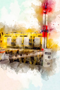 Bir fabrika fotoğrafçısının bacaları ve siloları, sanat, ilüstrasyon, antika, model, minyatür.