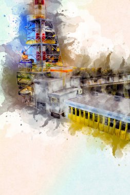 Bir fabrika fotoğrafçısının bacaları ve siloları, sanat, ilüstrasyon, antika, model, minyatür.