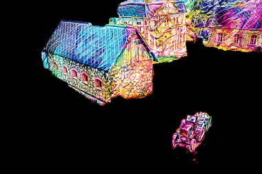 Polonya 'da küçük bir çiftlik için avantajlı bir bakış açısı, minyatür bir görünüm ve his, sanat, ilüstrasyon, antika, antika, model, minyatür