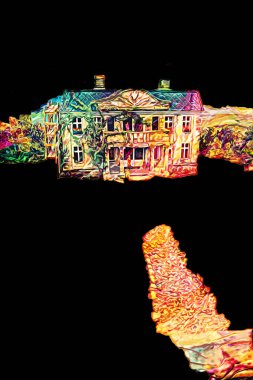 Polonya 'da küçük bir çiftlik için avantajlı bir bakış açısı, minyatür bir görünüm ve his, sanat, ilüstrasyon, antika, antika, model, minyatür