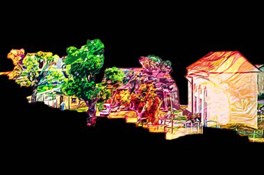 Polonya 'da küçük bir çiftlik için avantajlı bir bakış açısı, minyatür bir görünüm ve his, sanat, ilüstrasyon, antika, antika, model, minyatür