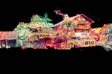 Polonya 'da küçük bir çiftlik için avantajlı bir bakış açısı, minyatür bir görünüm ve his, sanat, ilüstrasyon, antika, antika, model, minyatür