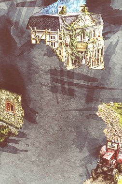 Polonya 'da küçük bir çiftlik için avantajlı bir bakış açısı, minyatür bir görünüm ve his, sanat, ilüstrasyon, antika, antika, model, minyatür