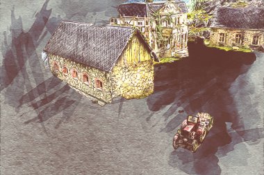 Polonya 'da küçük bir çiftlik için avantajlı bir bakış açısı, minyatür bir görünüm ve his, sanat, ilüstrasyon, antika, antika, model, minyatür