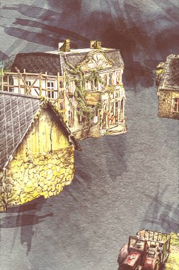 Polonya 'da küçük bir çiftlik için avantajlı bir bakış açısı, minyatür bir görünüm ve his, sanat, ilüstrasyon, antika, antika, model, minyatür