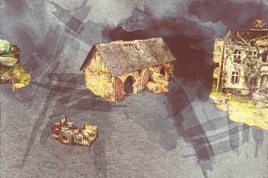 Polonya 'da küçük bir çiftlik için avantajlı bir bakış açısı, minyatür bir görünüm ve his, sanat, ilüstrasyon, antika, antika, model, minyatür