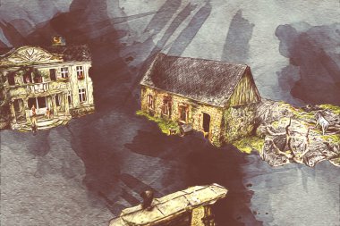 Polonya 'da küçük bir çiftlik için avantajlı bir bakış açısı, minyatür bir görünüm ve his, sanat, ilüstrasyon, antika, antika, model, minyatür