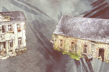 Polonya 'da küçük bir çiftlik için avantajlı bir bakış açısı, minyatür bir görünüm ve his, sanat, ilüstrasyon, antika, antika, model, minyatür