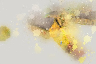 Polonya 'da küçük bir çiftlik için avantajlı bir bakış açısı, minyatür bir görünüm ve his, sanat, ilüstrasyon, antika, antika, model, minyatür