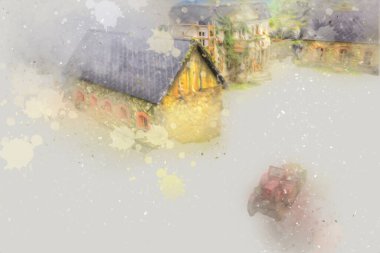 Polonya 'da küçük bir çiftlik için avantajlı bir bakış açısı, minyatür bir görünüm ve his, sanat, ilüstrasyon, antika, antika, model, minyatür