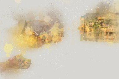 Polonya 'da küçük bir çiftlik için avantajlı bir bakış açısı, minyatür bir görünüm ve his, sanat, ilüstrasyon, antika, antika, model, minyatür