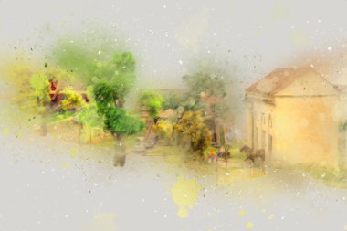 Polonya 'da küçük bir çiftlik için avantajlı bir bakış açısı, minyatür bir görünüm ve his, sanat, ilüstrasyon, antika, antika, model, minyatür