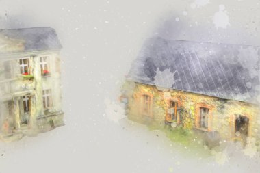 Polonya 'da küçük bir çiftlik için avantajlı bir bakış açısı, minyatür bir görünüm ve his, sanat, ilüstrasyon, antika, antika, model, minyatür