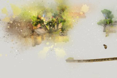 Polonya 'da küçük bir çiftlik için avantajlı bir bakış açısı, minyatür bir görünüm ve his, sanat, ilüstrasyon, antika, antika, model, minyatür