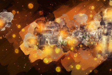 Polonya, Karkonosze 'daki dağ evinde kış karı, sanat, ilüstrasyon, antika, model, minyatür