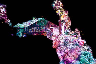 Polonya, Karkonosze 'daki dağ evinde kış karı, sanat, ilüstrasyon, antika, model, minyatür