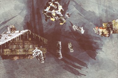 Polonya, Karkonosze 'daki dağ evinde kış karı, sanat, ilüstrasyon, antika, model, minyatür