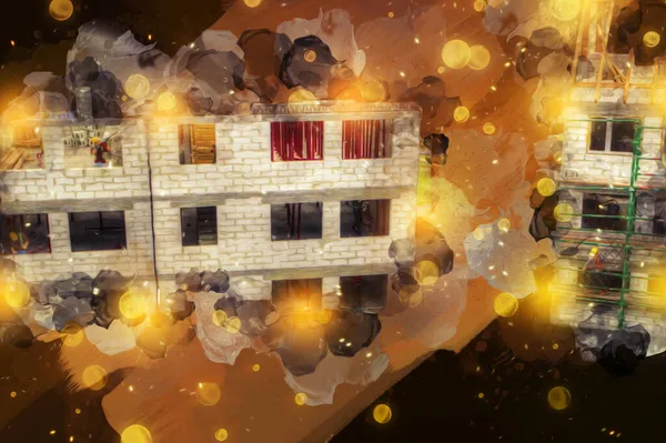 Modern inşaat alanında çalışan işçiler. Hızlı kentsel gelişim kavramı. sanat, ilüstrasyon, vintage, retro, antika, model, minyatür