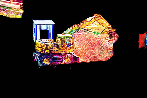 Modern inşaat alanında çalışan işçiler. Hızlı kentsel gelişim kavramı. sanat, ilüstrasyon, vintage, retro, antika, model, minyatür