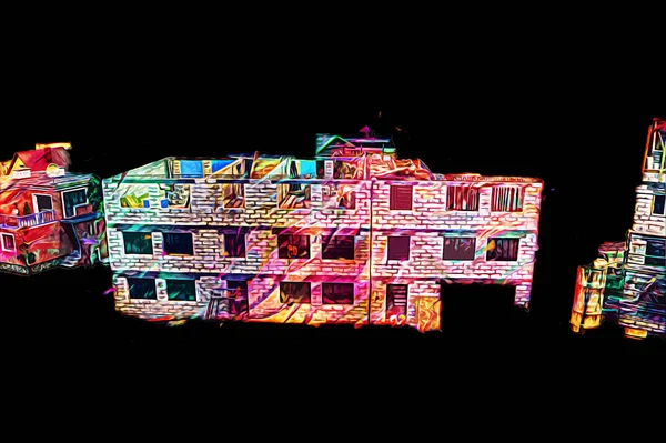 Modern inşaat alanında çalışan işçiler. Hızlı kentsel gelişim kavramı. sanat, ilüstrasyon, vintage, retro, antika, model, minyatür