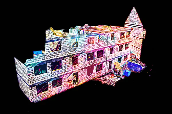 Modern inşaat alanında çalışan işçiler. Hızlı kentsel gelişim kavramı. sanat, ilüstrasyon, vintage, retro, antika, model, minyatür