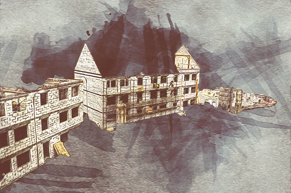 Modern inşaat alanında çalışan işçiler. Hızlı kentsel gelişim kavramı. sanat, ilüstrasyon, vintage, retro, antika, model, minyatür