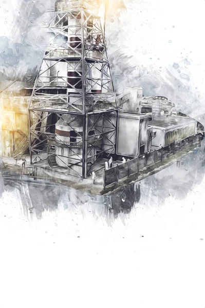 Bir fabrika fotoğrafçısının bacaları ve siloları, sanat, ilüstrasyon, antika, model, minyatür.