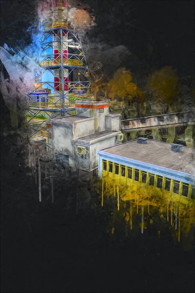 Bir fabrika fotoğrafçısının bacaları ve siloları, sanat, ilüstrasyon, antika, model, minyatür.