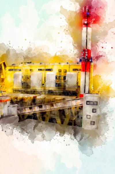 Bir fabrika fotoğrafçısının bacaları ve siloları, sanat, ilüstrasyon, antika, model, minyatür.